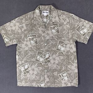Vintage Howie Shirt XL Brown Hawaiian Lua Island Tropical Floral Palm Trees AOP